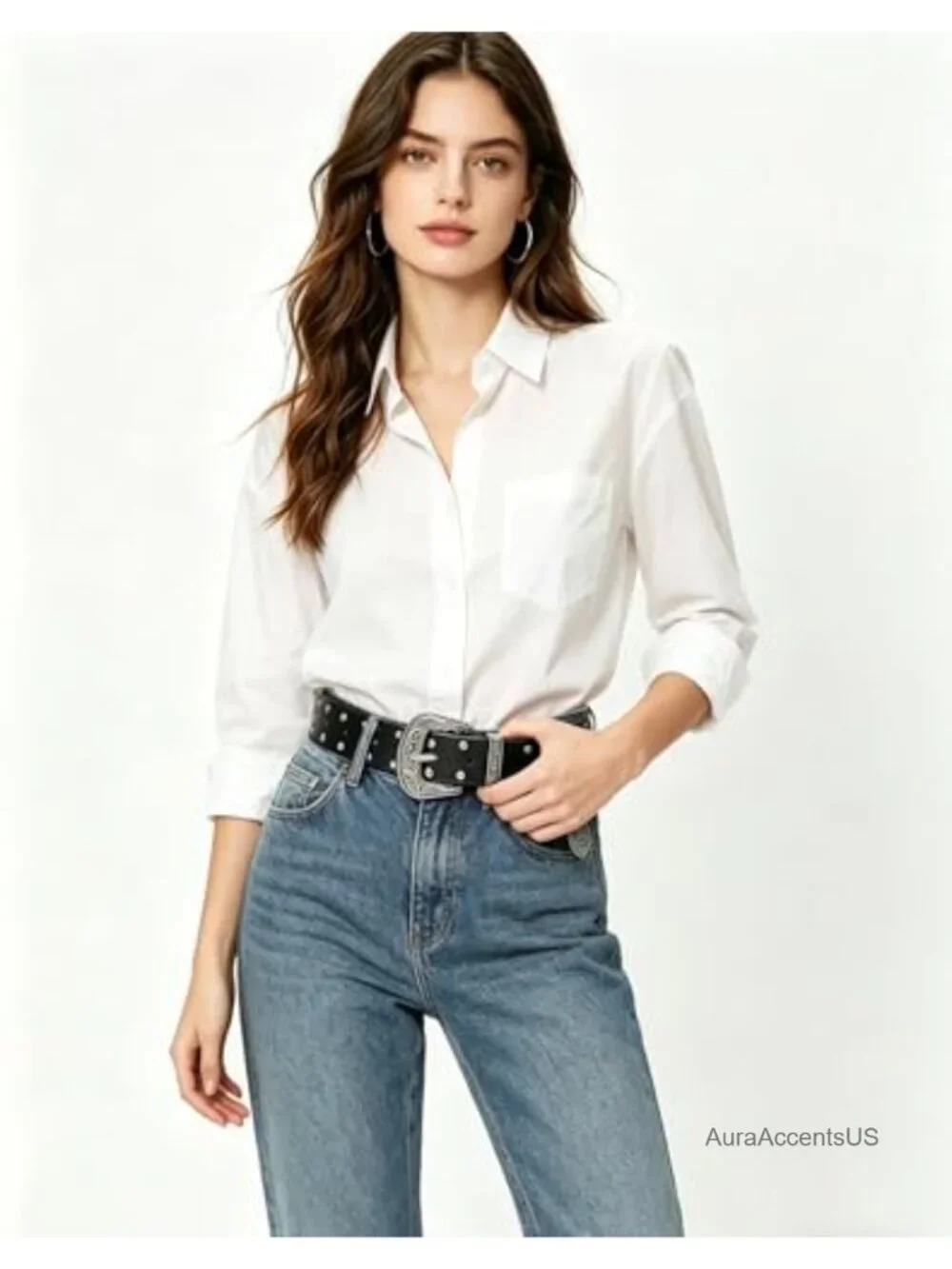 Women PU Leather Western Belt Carved Buckle Rivet Belt